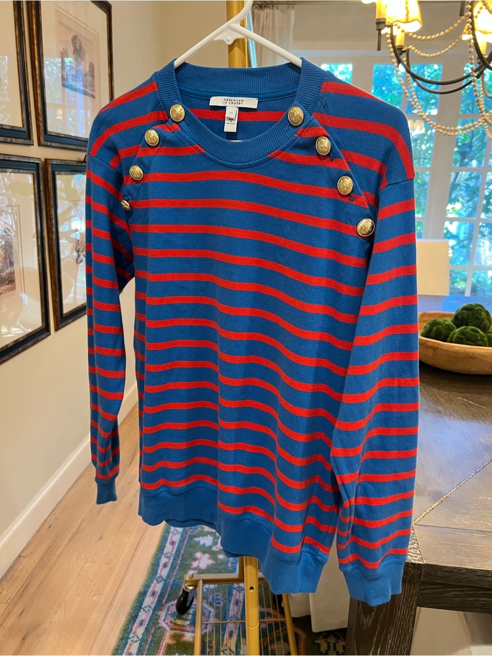 Derek Lam / Saks Women’s Striped Navy & Red Button-Shoulder Sweater Top